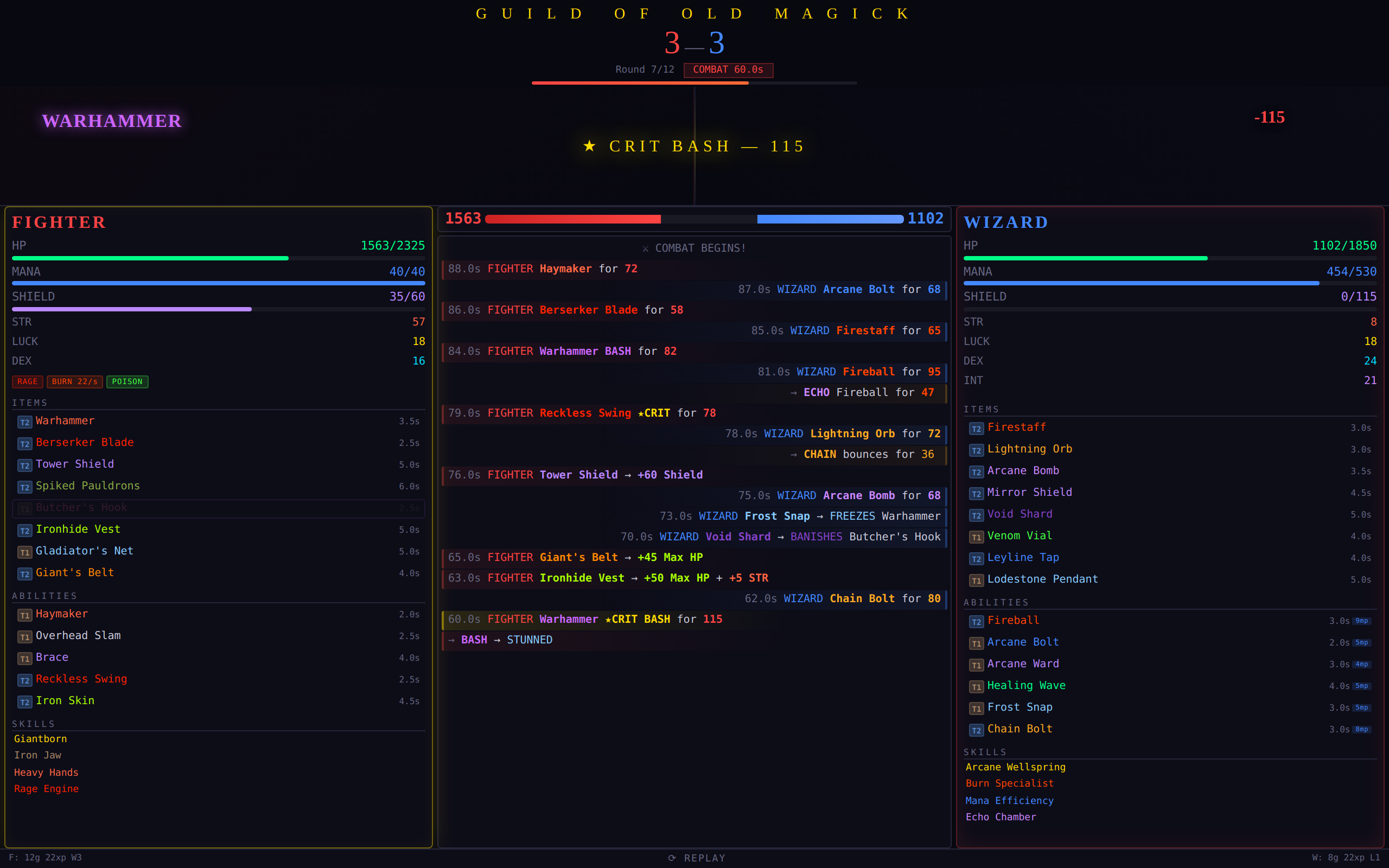 GOOM Battle — Fighter vs Wizard, showing items, abilities, combat log, and status effects in real-time combat